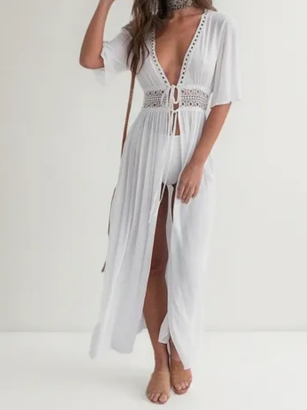 Boho Lace-Tie White Maxi Swim Coverup